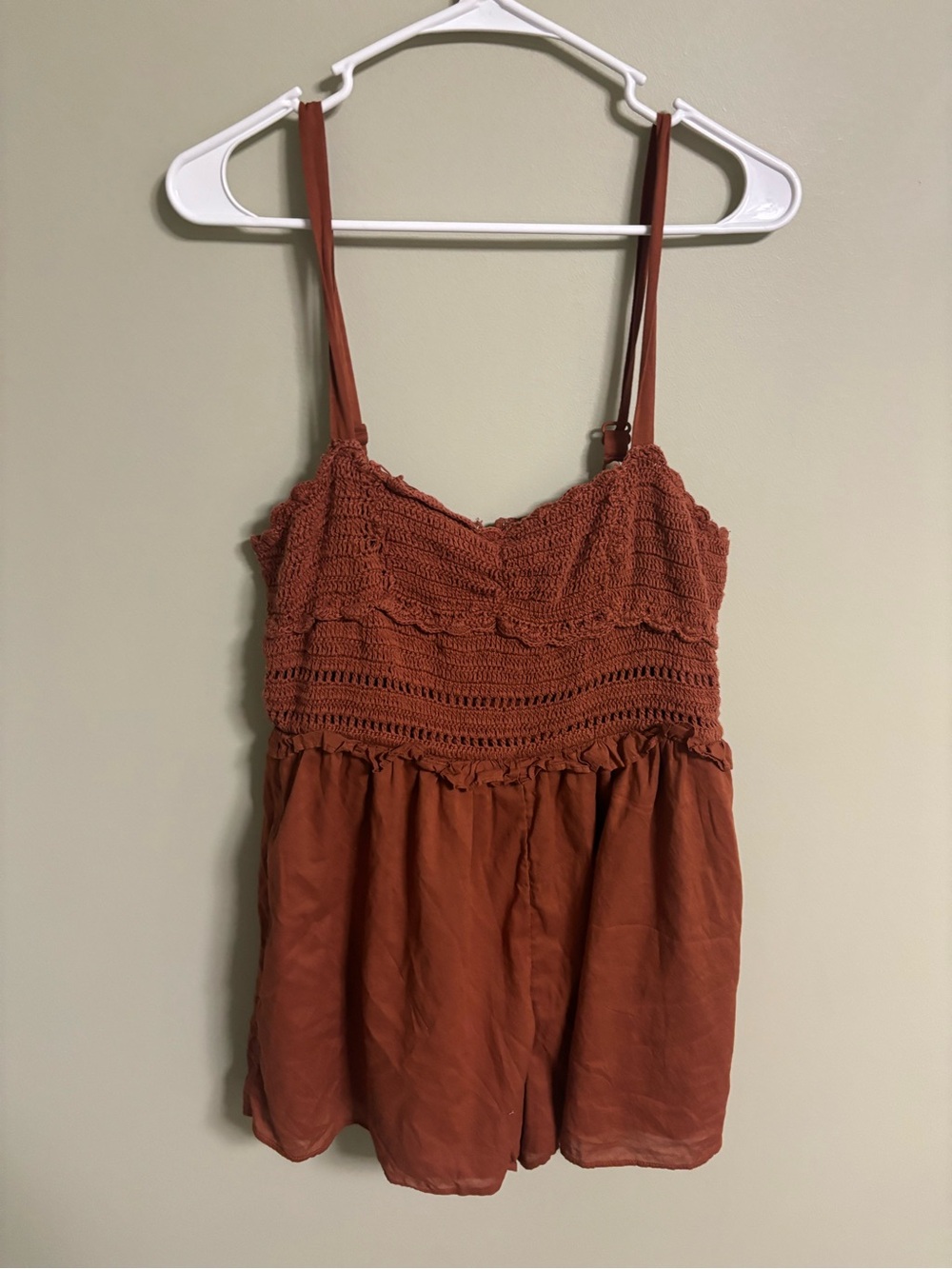 American Eagle Crochet Bodice Romper Rust Brown Size Small smocked Boho
